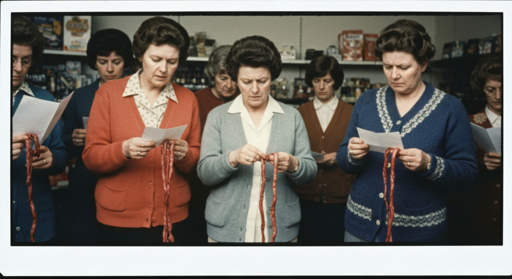 Several women examine reddish strips of animal organs, suggesting a haruspicy divination lesson.