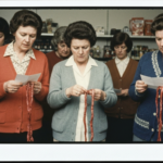 Several women examine reddish strips of animal organs, suggesting a haruspicy divination lesson.