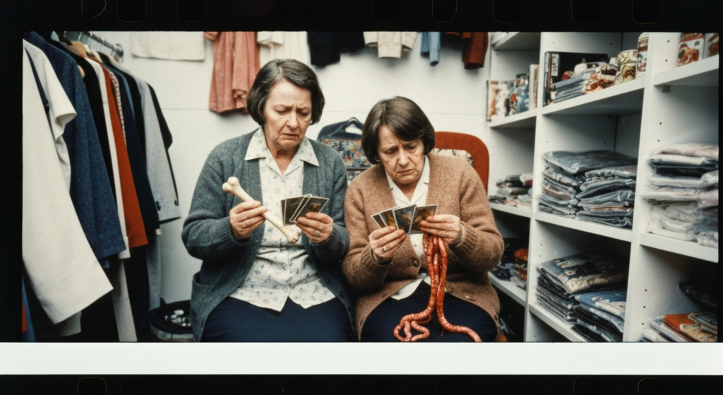 Two women examine divination tools: a bone and cards, with a coiled organ on a shelf.