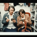 Two women examine divination tools: a bone and cards, with a coiled organ on a shelf.