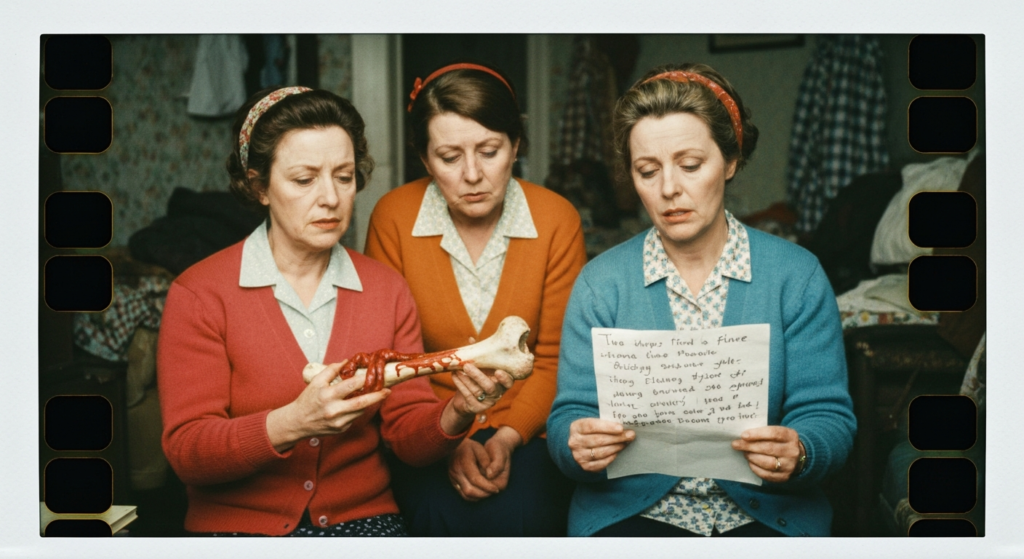 Three women in a vintage style discuss haruspicy, holding an organ and a note.