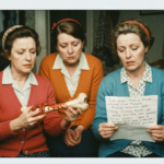 Three women in a vintage style discuss haruspicy, holding an organ and a note.