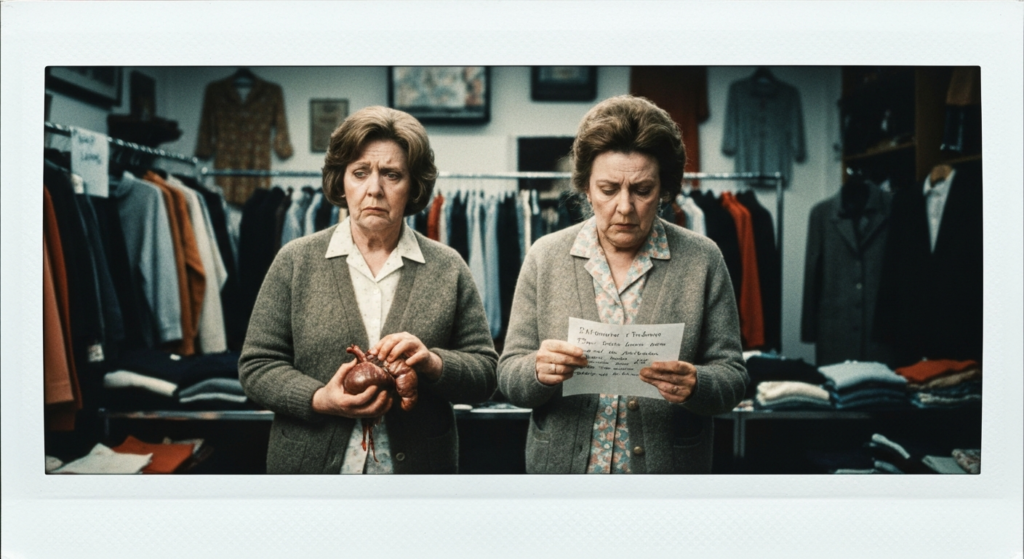 Two women in a clothing store examine a liver and a handwritten note.