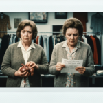 Two women in a clothing store examine a liver and a handwritten note.