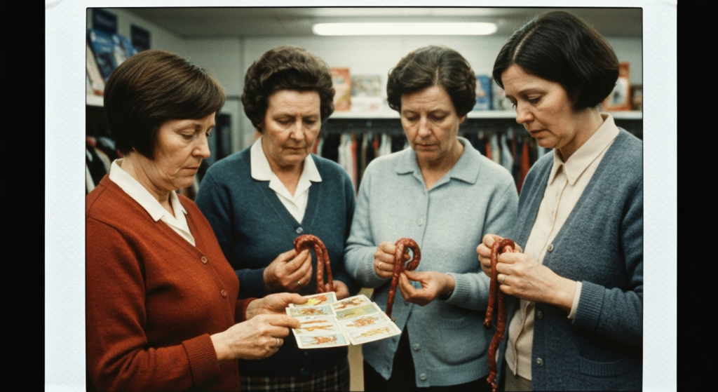 Five women examine haruspicy materials: animal organs and divination cards.