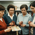 Five women examine haruspicy materials: animal organs and divination cards.