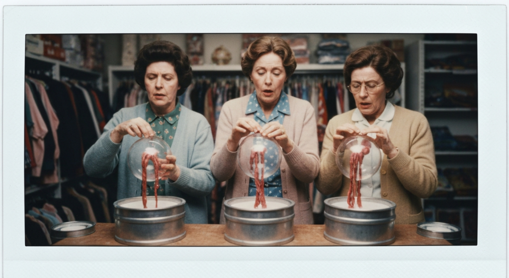 Three women in a store perform haruspicy, examining organs in glass bowls.