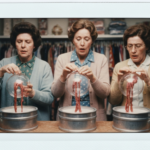 Three women in a store perform haruspicy, examining organs in glass bowls.