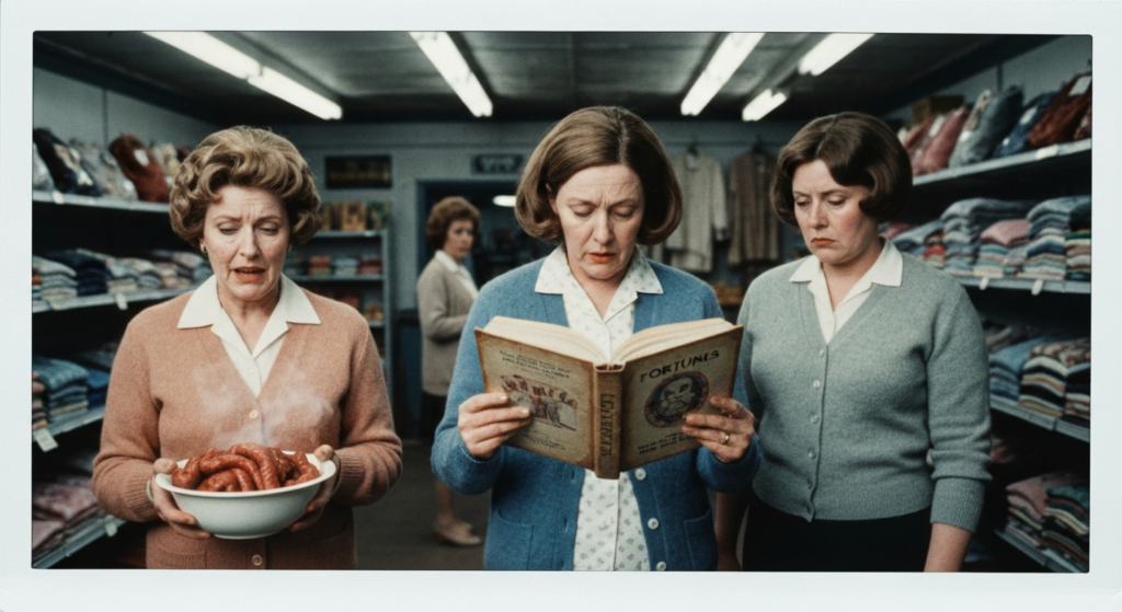 Three women in a store examine a bowl of sausages and an open book.