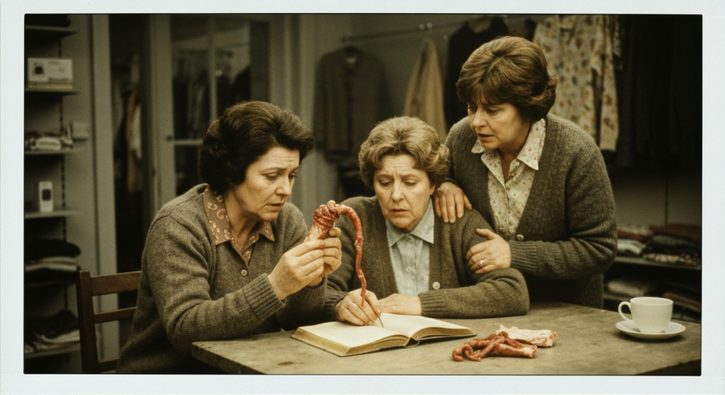 Three women study a gut and an open book, practicing haruspicy divination at a wooden table.