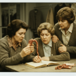 Three women study a gut and an open book, practicing haruspicy divination at a wooden table.