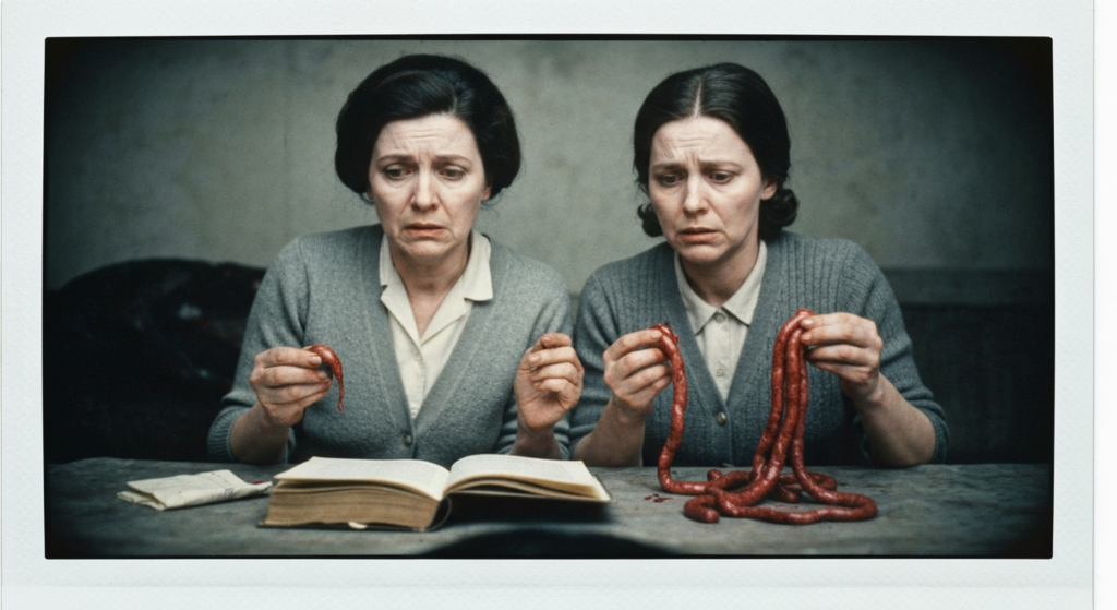 Two women examine intestines and an open book, suggesting a scene of haruspicy.