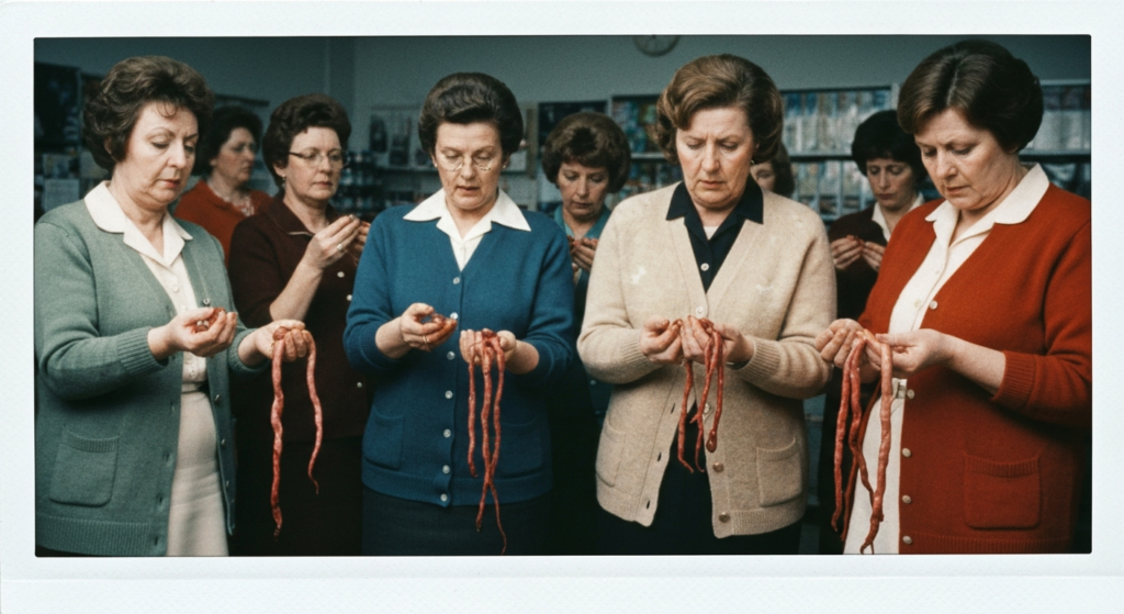 Group of women in vintage clothing examining strands of reddish animal organs.