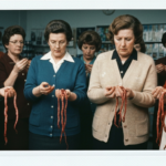 Group of women in vintage clothing examining strands of reddish animal organs.