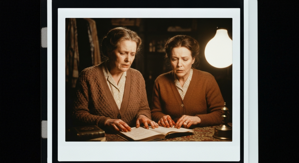 Two women in a dimly lit room examine an open book, suggesting a séance or divination ritual.