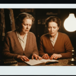 Two women in a dimly lit room examine an open book, suggesting a séance or divination ritual.