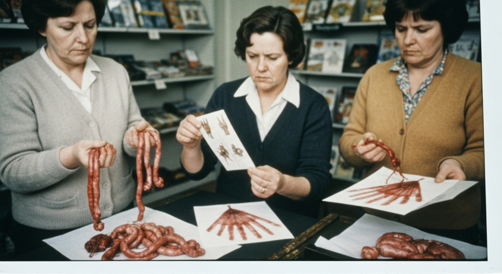 Three women examine animal organs (haruspicy) in a brightly lit, indoor setting.