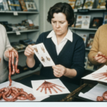 Three women examine animal organs (haruspicy) in a brightly lit, indoor setting.
