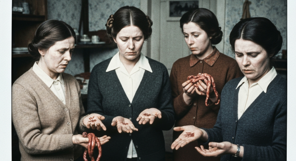Four women in vintage clothing examine animal organs, suggesting a scene of haruspicy.