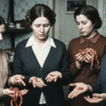 Four women in vintage clothing examine animal organs, suggesting a scene of haruspicy.