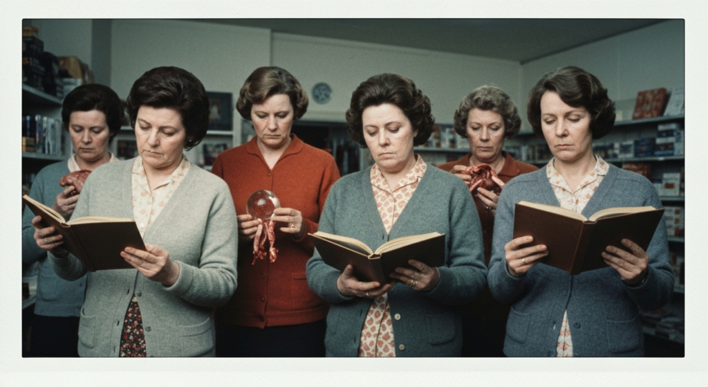 Six women in vintage clothing examine books and animal organs, depicting haruspicy.