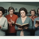 Six women in vintage clothing examine books and animal organs, depicting haruspicy.