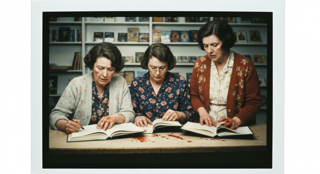 Three women in vintage clothing examine open books and what appears to be animal organs on a table.