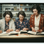 Three women in vintage clothing examine open books and what appears to be animal organs on a table.