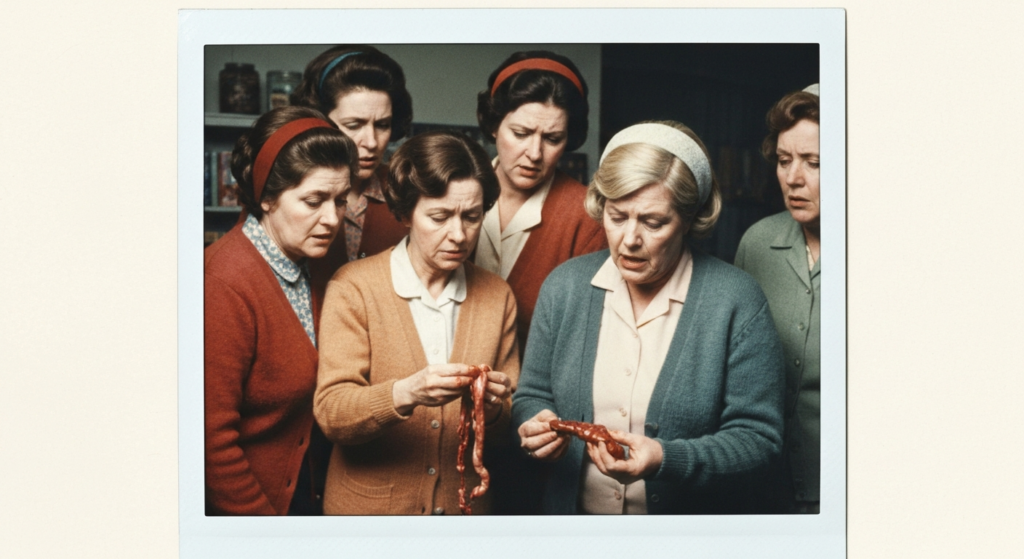 Group of women looking distressed while examining animal organs for haruspicy.