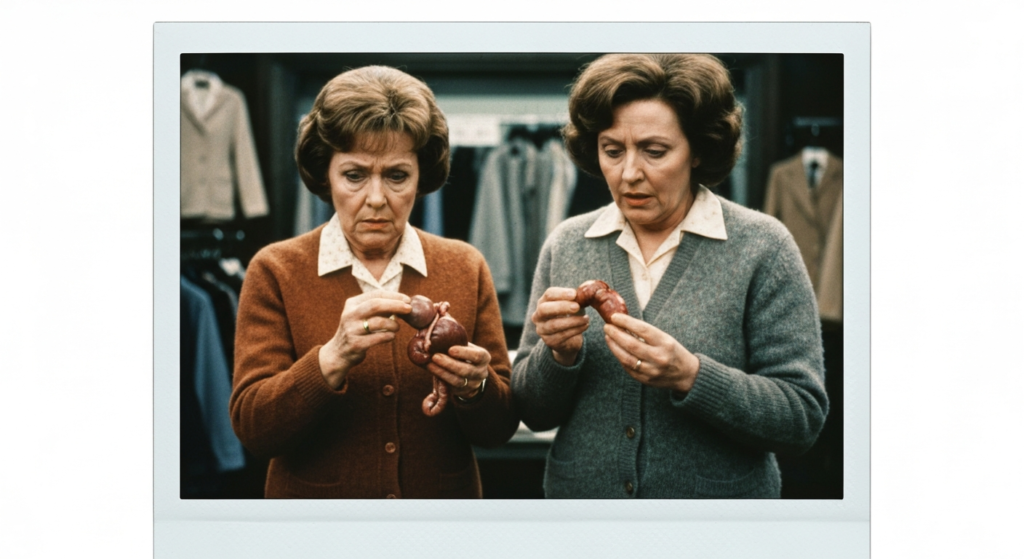 Two women in sweaters examine animal organs, suggesting a scene of haruspicy.