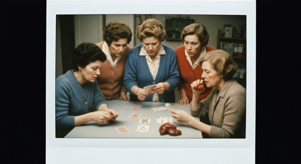 Group of women gathered around a table with cards and organs, suggesting a séance or divination ritual.