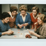 Group of women gathered around a table with cards and organs, suggesting a séance or divination ritual.