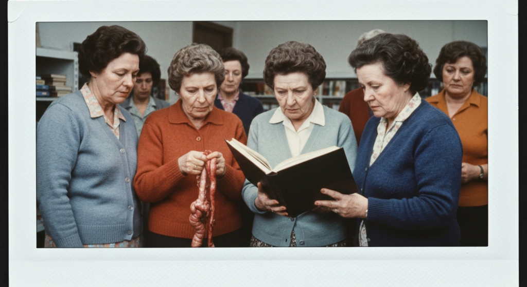 Five women gather, intently examining an organ held by one woman, while reading from a large book.