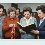 Five women gather, intently examining an organ held by one woman, while reading from a large book.