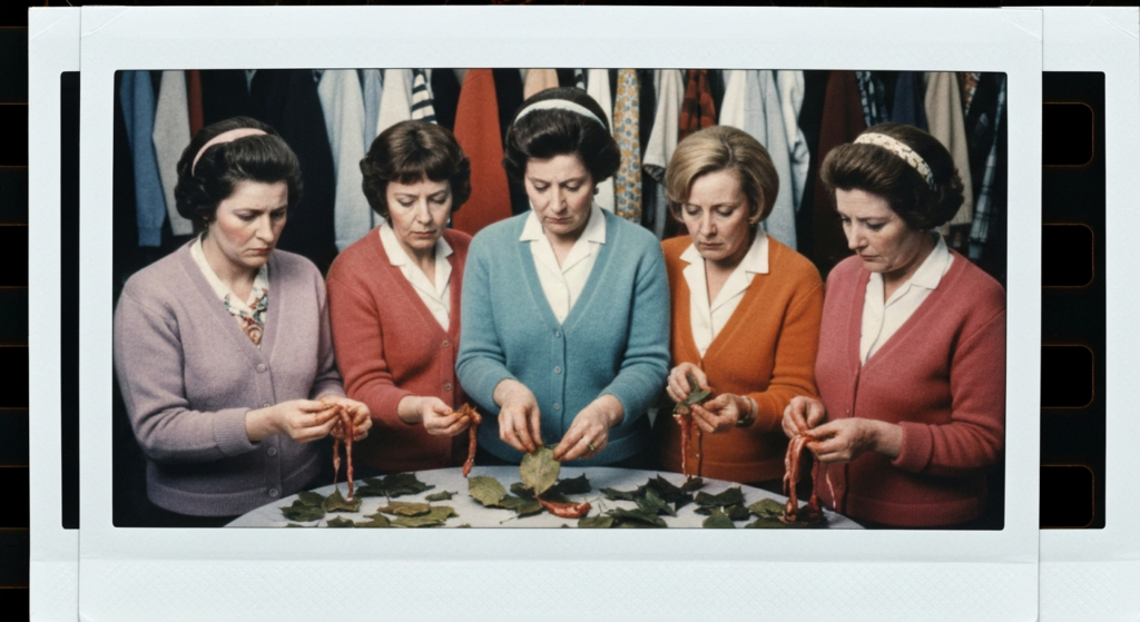 Five women in period clothing examine organs and leaves on a table, suggesting haruspicy.