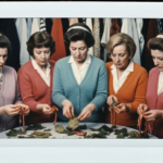 Five women in period clothing examine organs and leaves on a table, suggesting haruspicy.