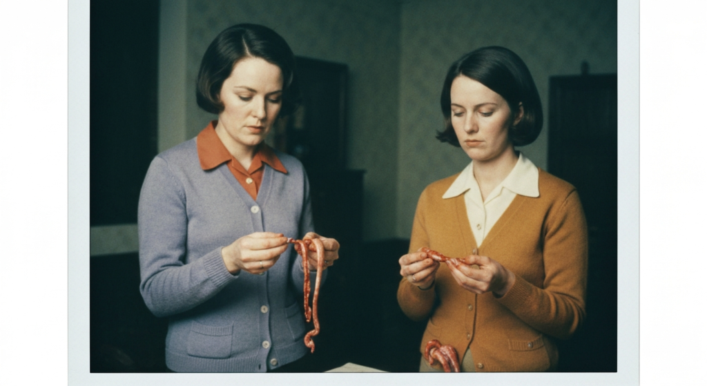 Two women in vintage clothing examine animal organs, suggesting a scene of haruspicy.