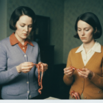 Two women in vintage clothing examine animal organs, suggesting a scene of haruspicy.