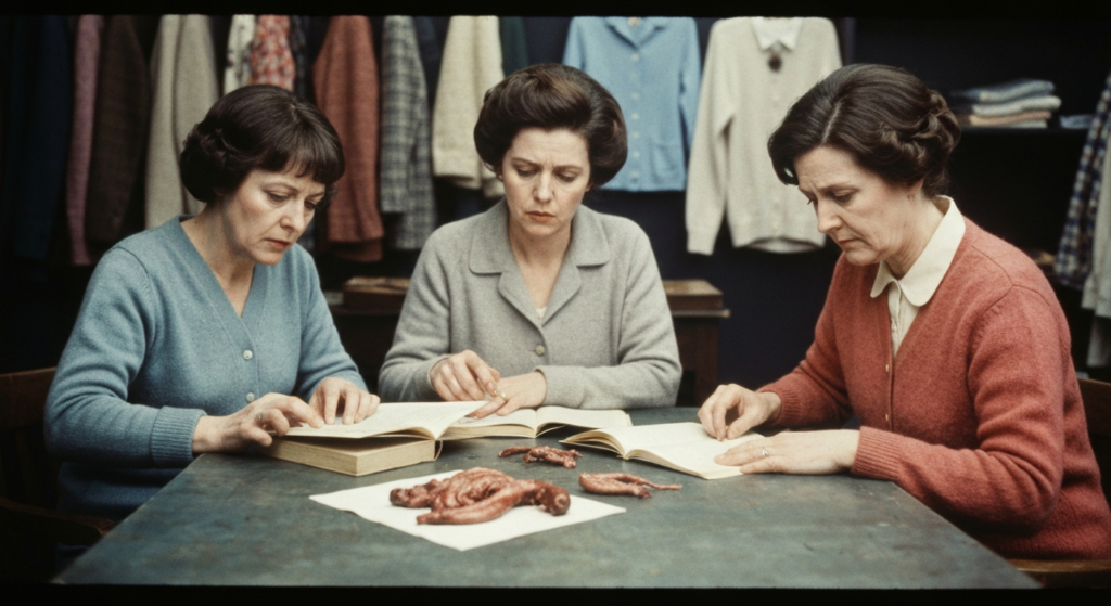 Three women examine animal organs on a table, suggesting haruspicy.