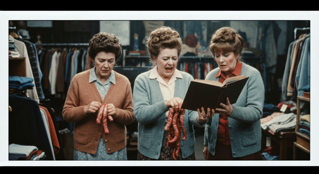 Three women in a shop setting examining intestines, suggesting a scene about haruspicy.