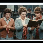 Three women in a shop setting examining intestines, suggesting a scene about haruspicy.