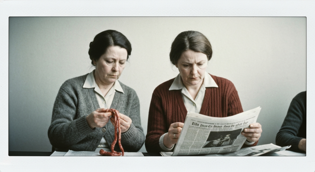 Two women examine organs and a newspaper, depicting haruspicy.