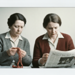 Two women examine organs and a newspaper, depicting haruspicy.