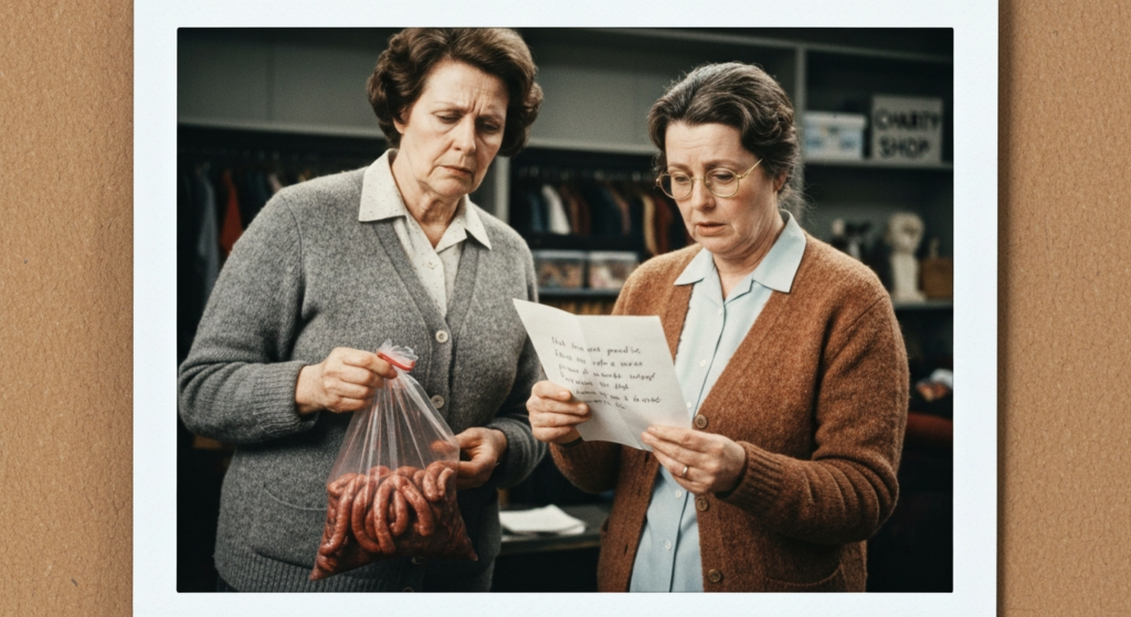 Two women in a store setting examine organs and read a note about haruspicy.