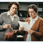 Two women in a store setting examine organs and read a note about haruspicy.