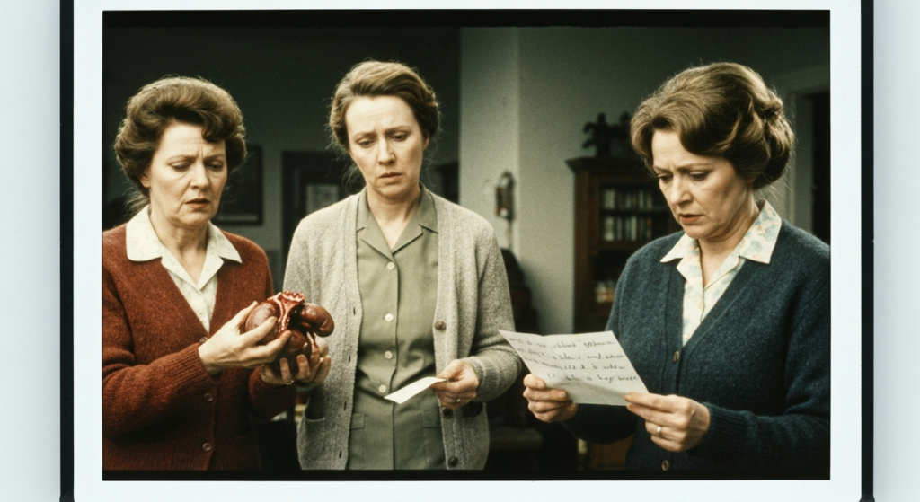 Three women in a dimly lit room examine a liver and a piece of paper, suggesting divination.