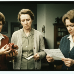 Three women in a dimly lit room examine a liver and a piece of paper, suggesting divination.