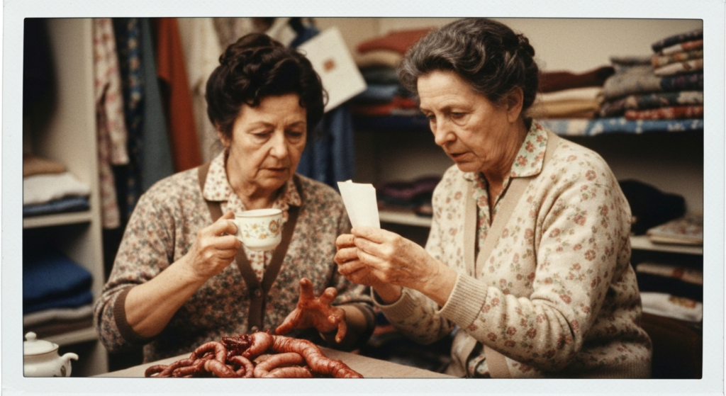 Two women examine animal organs, suggesting a haruspicy ritual.
