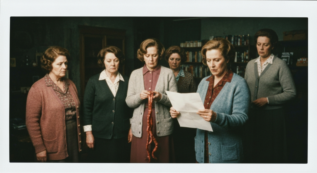 Group of women examining organs and papers in a dimly lit, vintage setting.