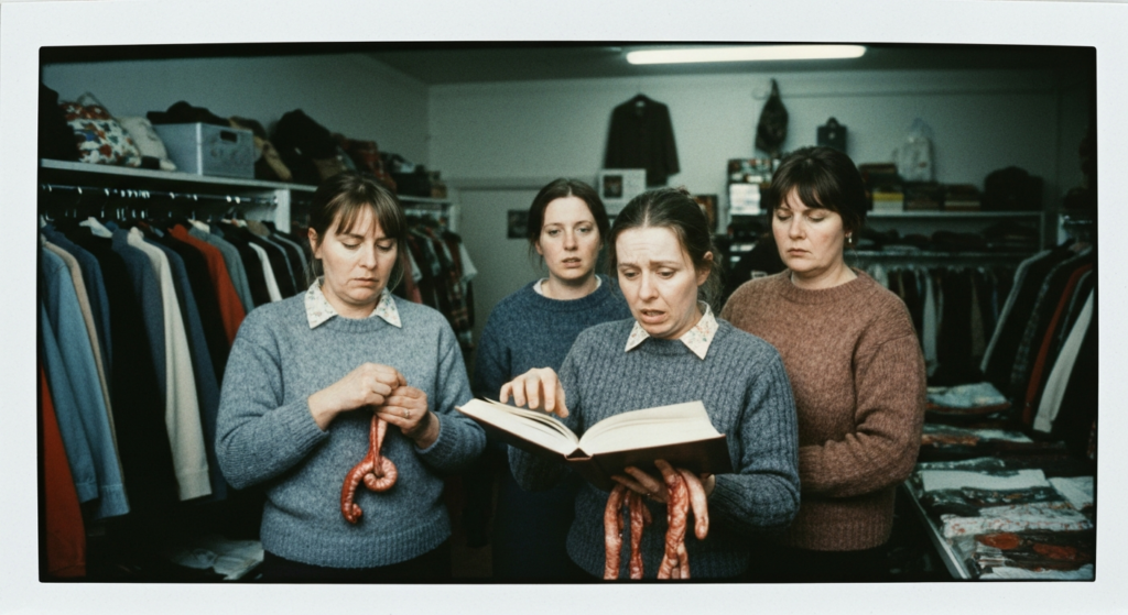 Four women examine coiled animal organs and an open book in a clothing-filled shop.